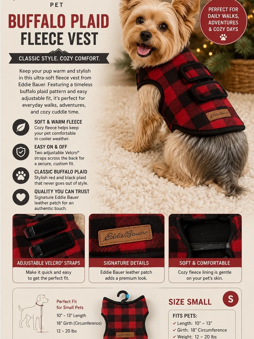Eddie Bauer Red & Black Buffalo Plaid Dog Fleece Vest